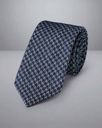 Krawatte aus Seide-Wolle-Mix mit Hahnentrittmuster - Französisches Blau