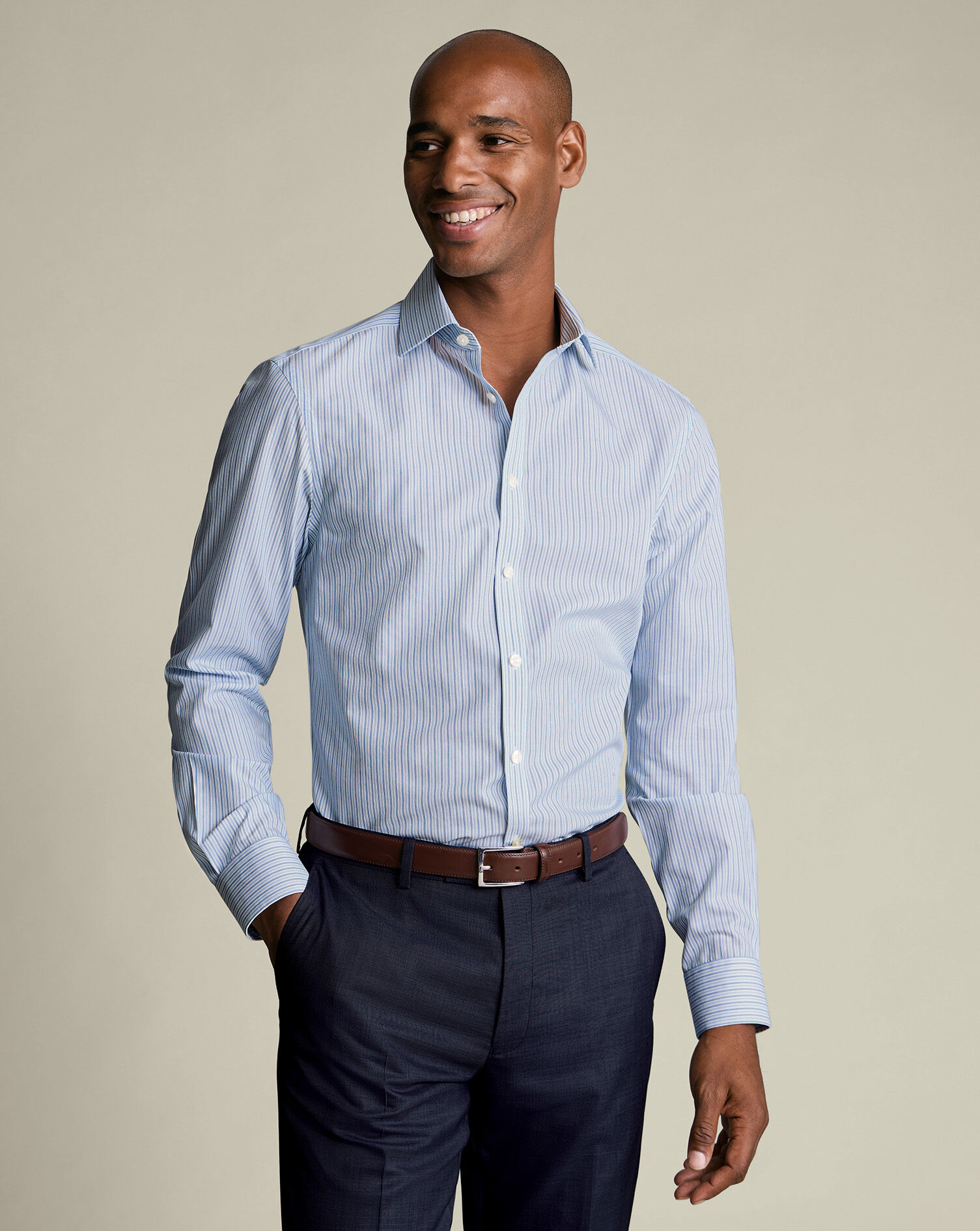 Non-Iron Poplin Stripe Shirt - Mid Blue