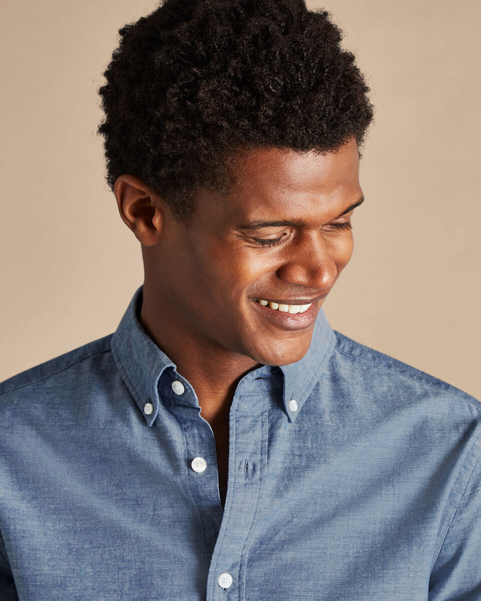 Beau Blue Half Sleeve Button Down Ruffled High Low Chambray Shirt