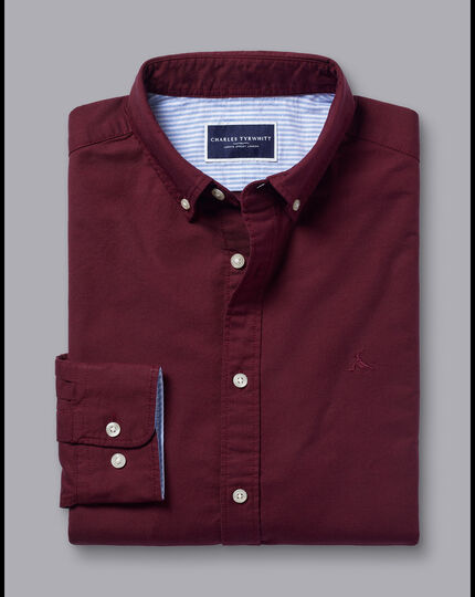 Button-Down Collar Washed Oxford Plain Shirt - Dark Red