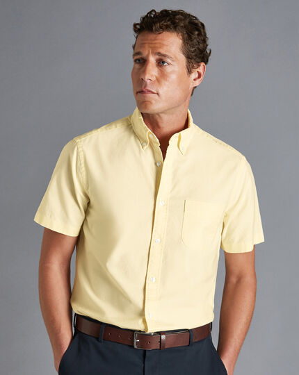 Button-Down Collar Washed Oxford Short Sleeve Shirt - Butter Yellow