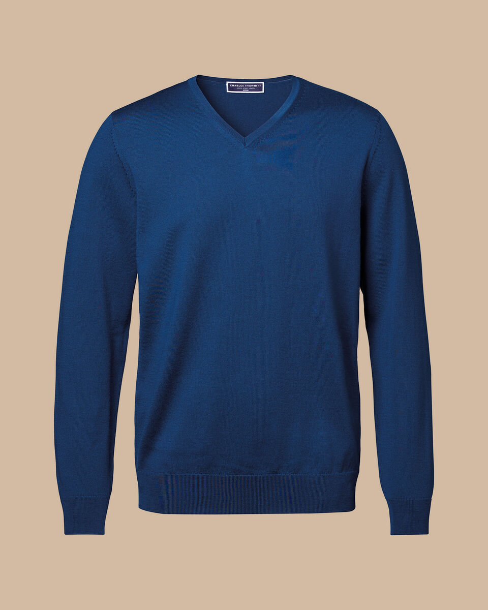Merino V-Neck Sweater - Ocean Blue | Charles Tyrwhitt