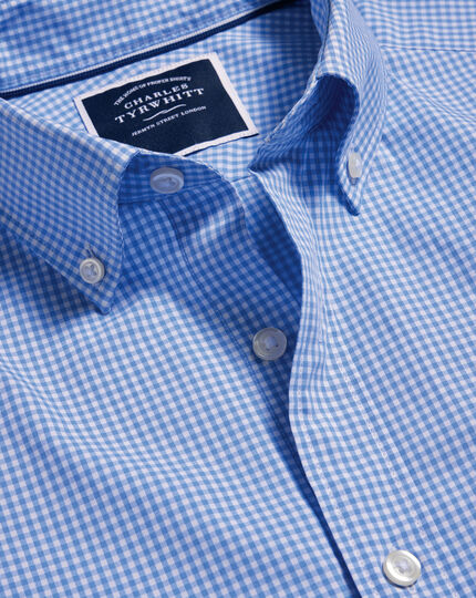 Bügelfreies Popeline-Hemd aus Stretch mit Button-down-Kragen und Mini-Gingham-Karos - Ozeanblau