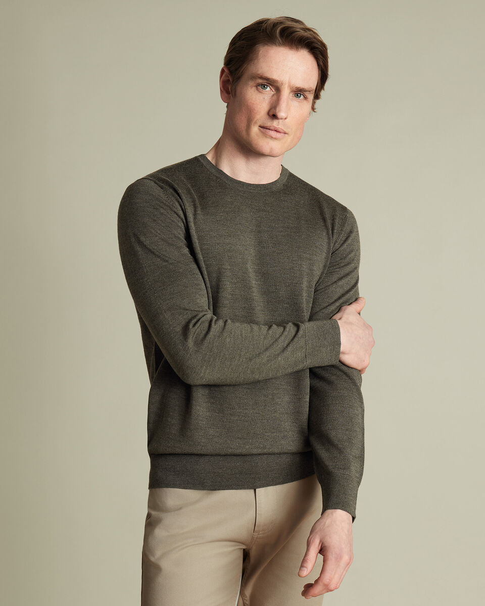 Merino Crew Neck Jumper Olive Green Charles Tyrwhitt