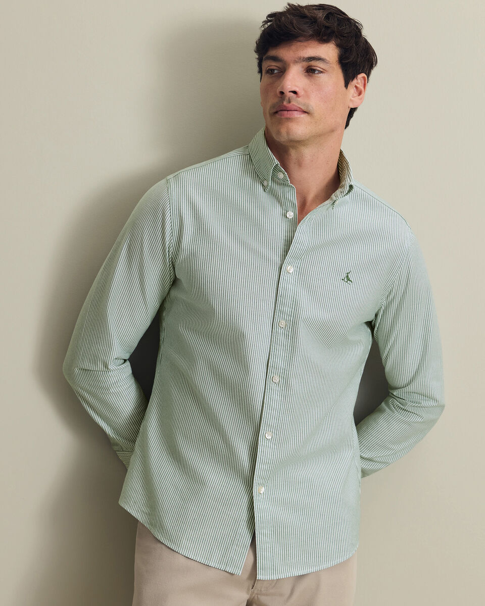 Button-Down Stretch Washed Stripe Oxford Shirt - Green