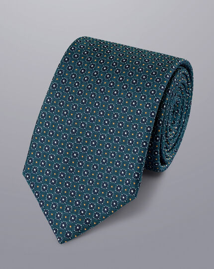 Stain Resistant Mini Floral Silk Tie - Teal Green & Navy