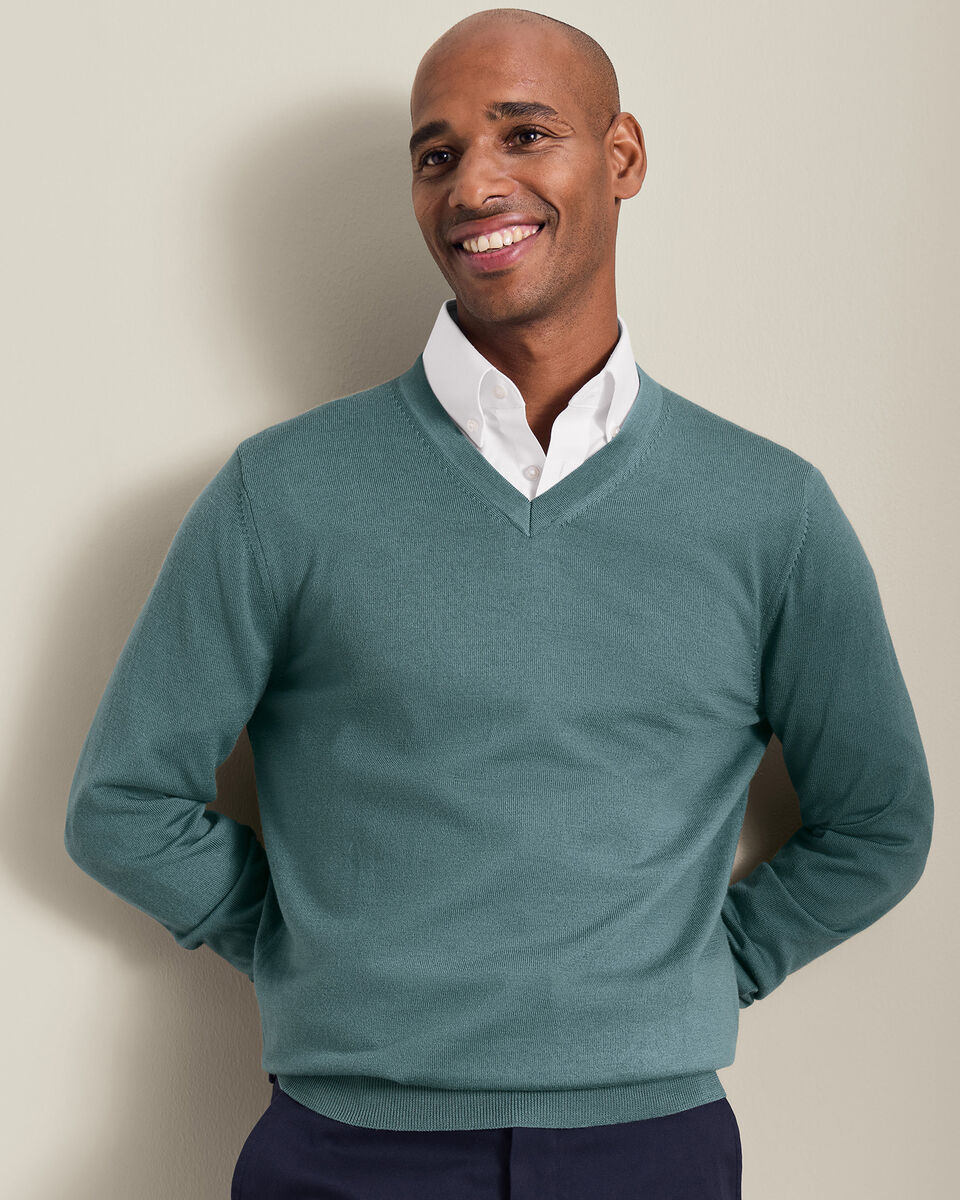 Pure Merino V-Neck Jumper - Teal Green