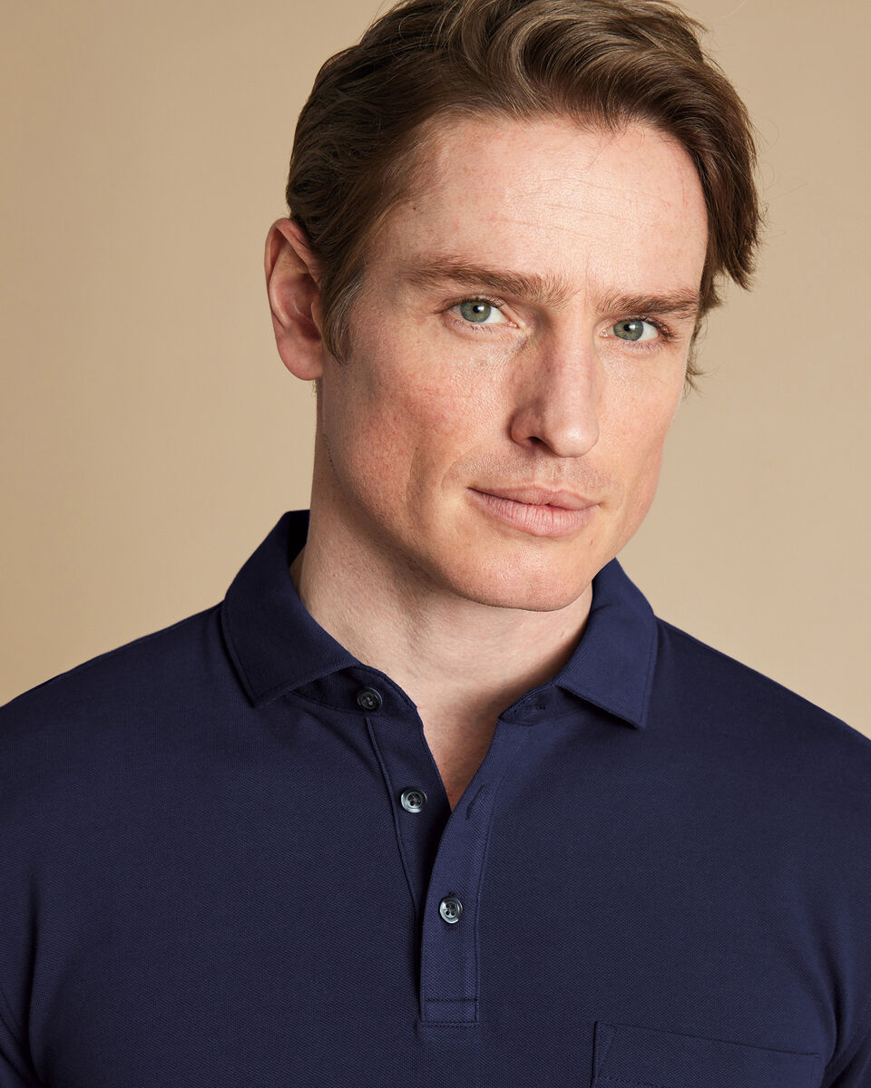 Long Sleeve Pique Polo - Denim Blue