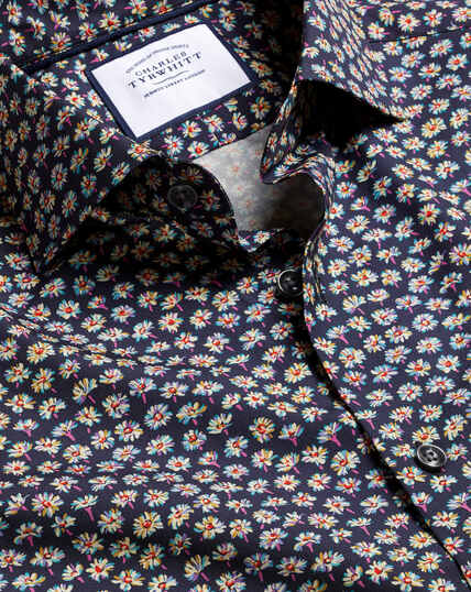 Made with Liberty Fabric Daisy Print Semi-Spread Collar Shirt - Navy