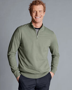 Combed Cotton Zip Neck Sweater - Sage Green