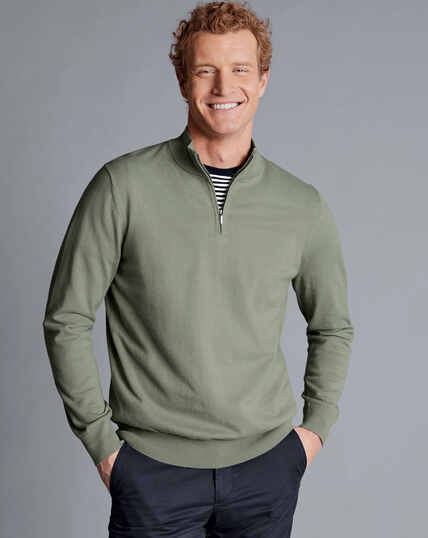 Combed Cotton Quarter Zip Sweater - Sage Green