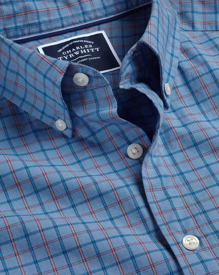 Fein kariertes bügelfreies Hemd aus Stretch-Popeline mit Button-down-Kragen - Kornblumenblau