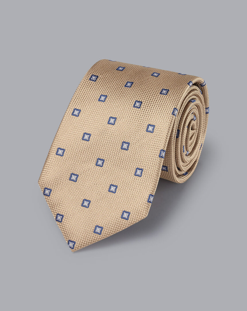 Silk Square Print Tie - Tan