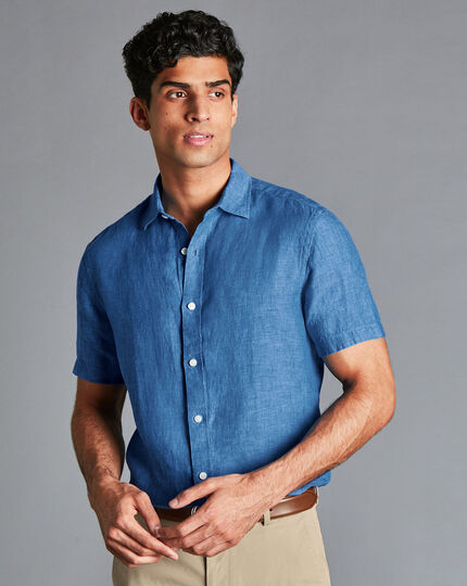 Pure Linen Short Sleeve Shirt - Ocean Blue