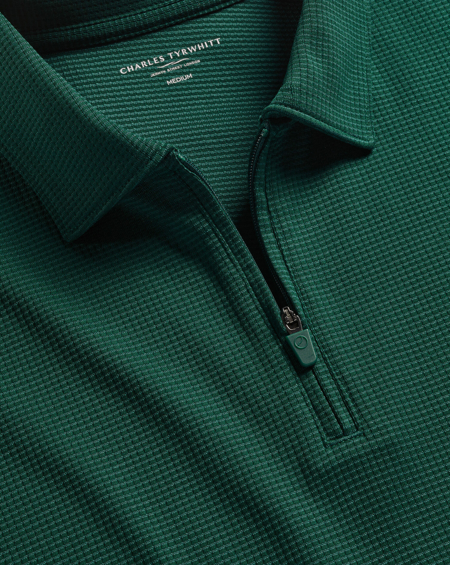 Performance Textured Zip-Neck Polo - Dark Green | Charles Tyrwhitt