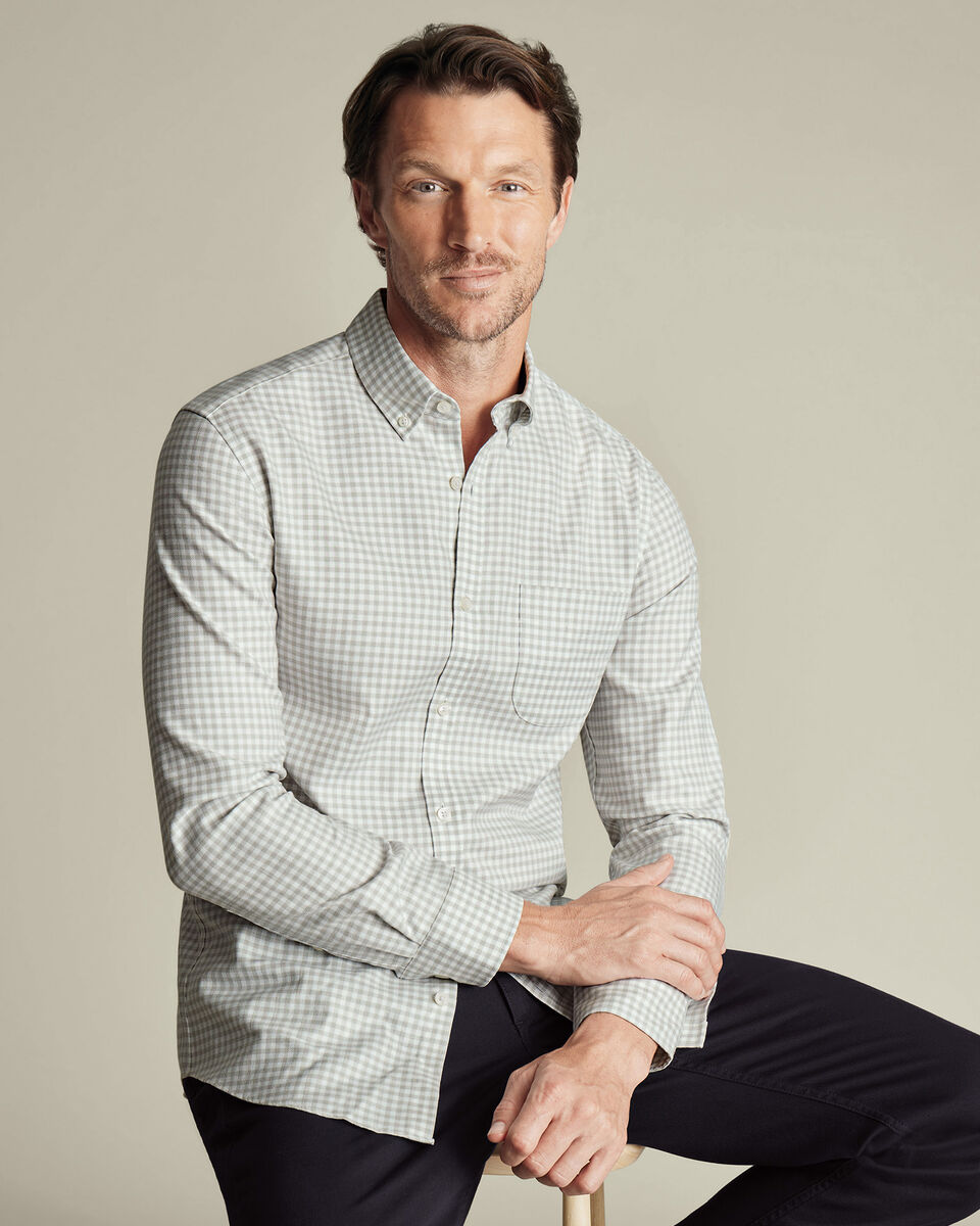Niet Strijken Twill Gingham Overhemd - Zilvergrijs