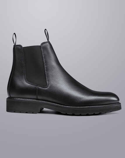 Rubber Sole Grain Leather Chelsea Boots - Black