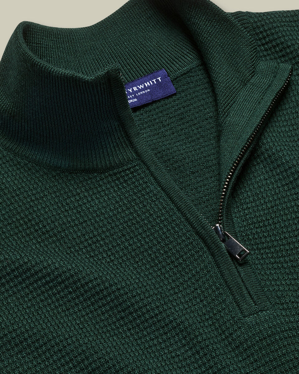 Pure Merino Textured Zip Neck Sweater - Forest Green