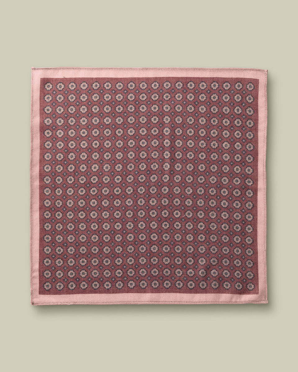 Wool Silk Medallion Print Pocket Square - Dark Pink