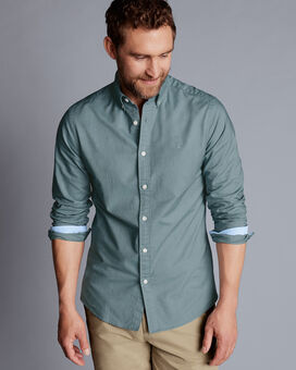 Button-Down Collar Washed Oxford Plain Shirt - Atlantic Green