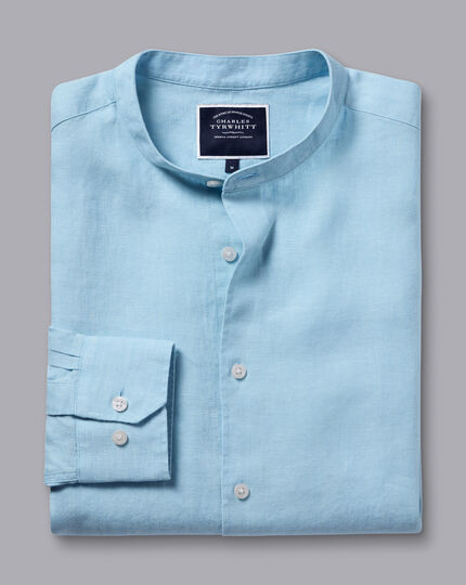 Collarless Pure Linen Shirt - Light Blue | Charles Tyrwhitt