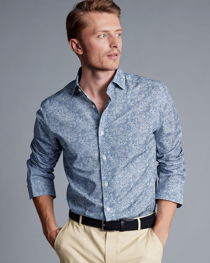 Made With Liberty Fabric Linear Print Semi-Cutaway Collar Shirt - Royal Blue