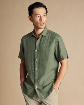 Pure Linen Short Sleeve Shirt - Olive Green