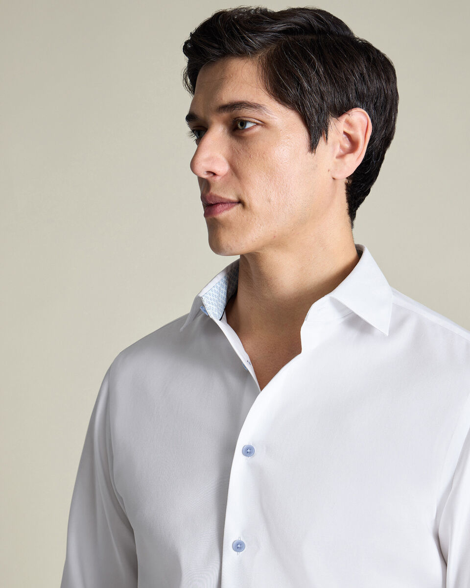 Non-Iron Stretch Printed Trim Shirt - White & Light Blue