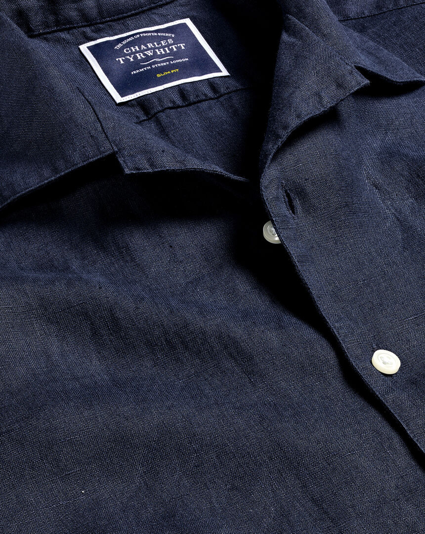 Revere Collar Pure Linen Short Sleeve Shirt - Navy Blue