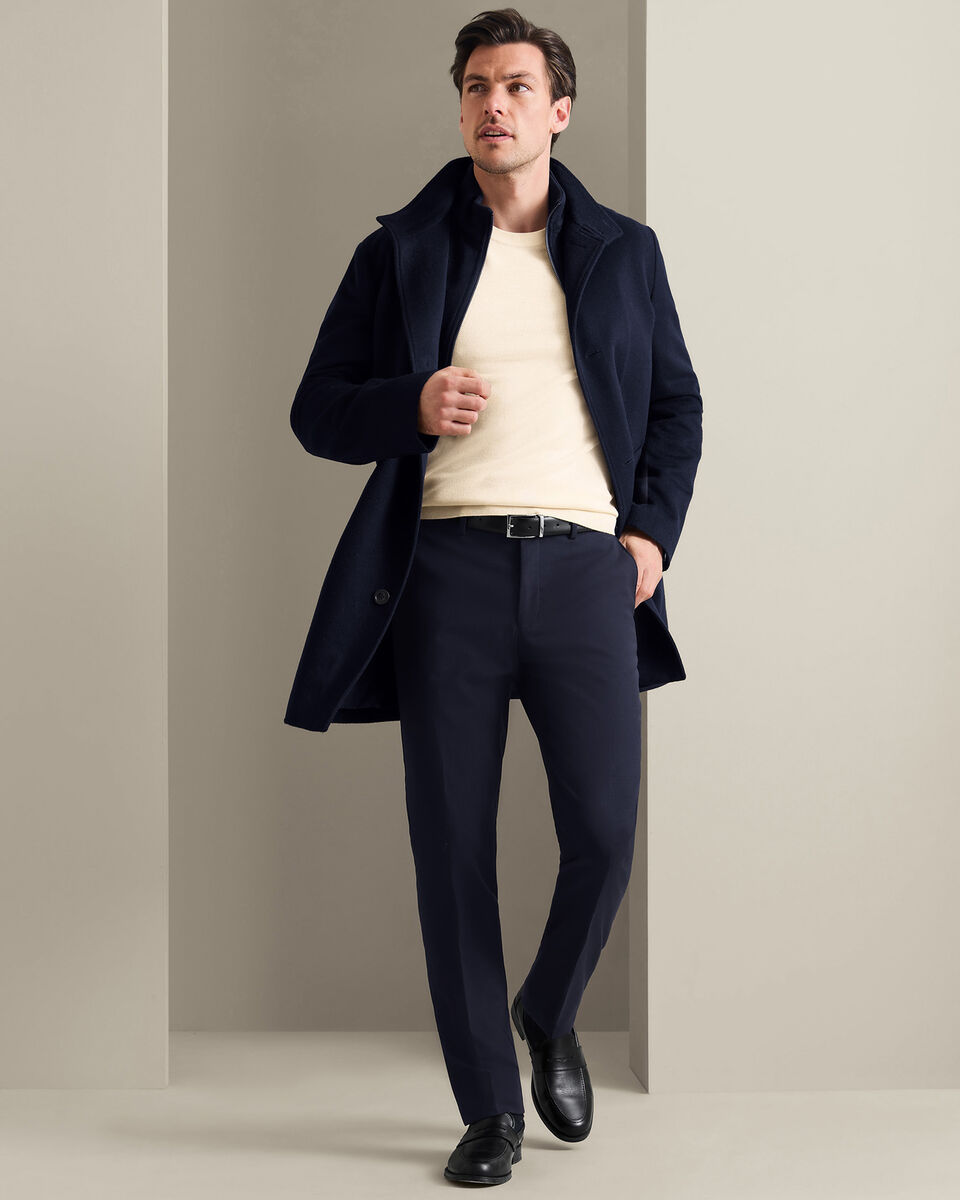 Manteau long &agrave; col chemin&eacute;e en laine m&eacute;rinos fine - Bleu marine