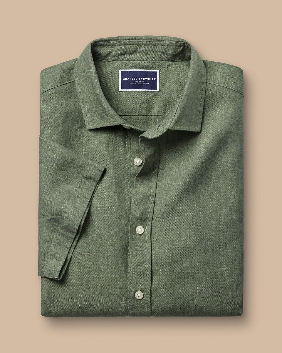Pure Linen Short Sleeve Shirt Olive Green Charles Tyrwhitt