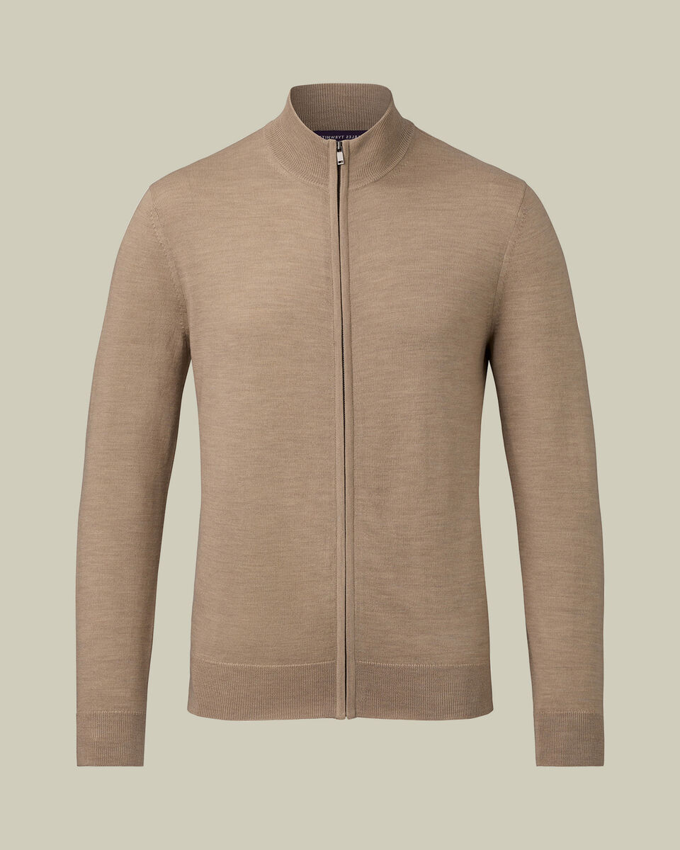 Pure Merino Zip Through Cardigan - Oatmeal