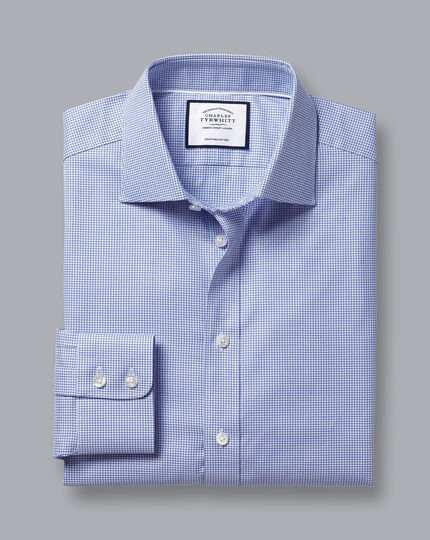 Semi-Cutaway Collar Egyptian Cotton Twill Small Grid Check Shirt - Ocean Blue