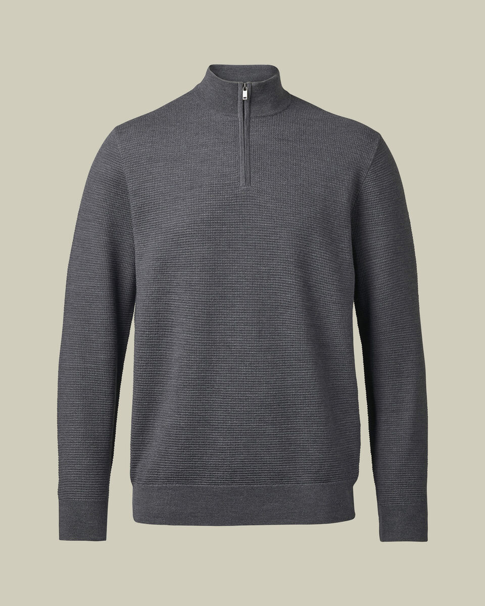 Pull &agrave; col zipp&eacute; en pure laine m&eacute;rinos textur&eacute;e - Gris