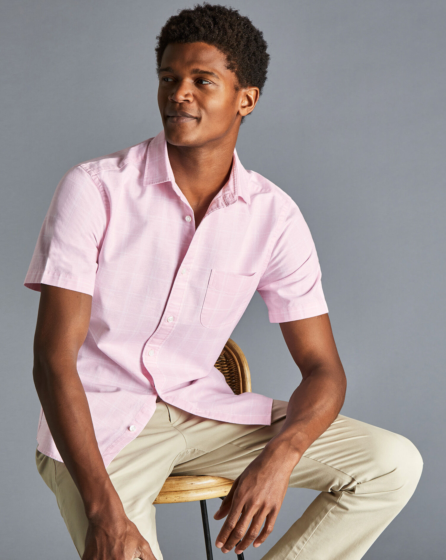 Cotton Linen Oxford Check Short Sleeve Shirt - Pink | Charles Tyrwhitt