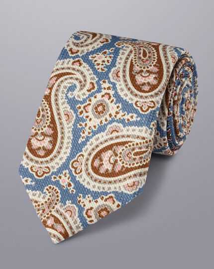 Italian Paisley Print Silk Tie - Cornflower Blue & Toffee