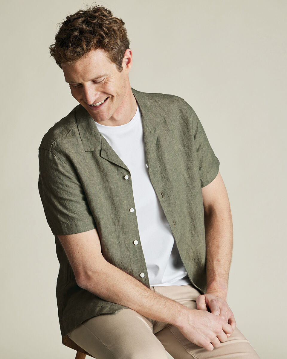 Short Sleeve Revere Pure Linen Shirt - Olive Green
