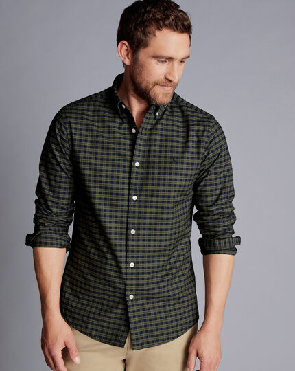 Button-Down Collar Washed Oxford Check Shirt - Olive Green