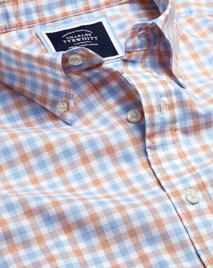 Button-Down Collar Non-Iron Stretch Poplin Gingham Short Sleeve Shirt - Orange & Blue