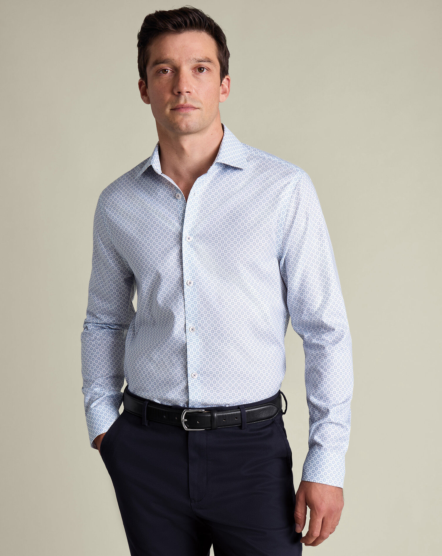 Non-Iron Stretch Print Shirt - Dark Blue