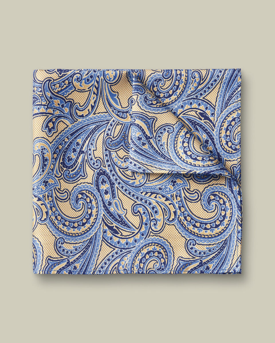 Silk Paisley Pocket Square - Stone & Blue