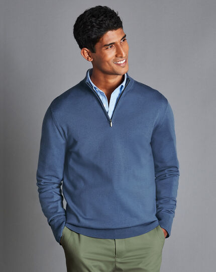 Merino Zip Neck Sweater - Steel Blue