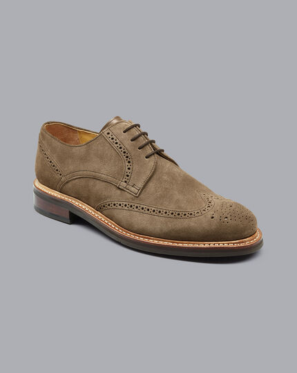 Rubber Sole Suede Derby Brogue Shoes - Taupe