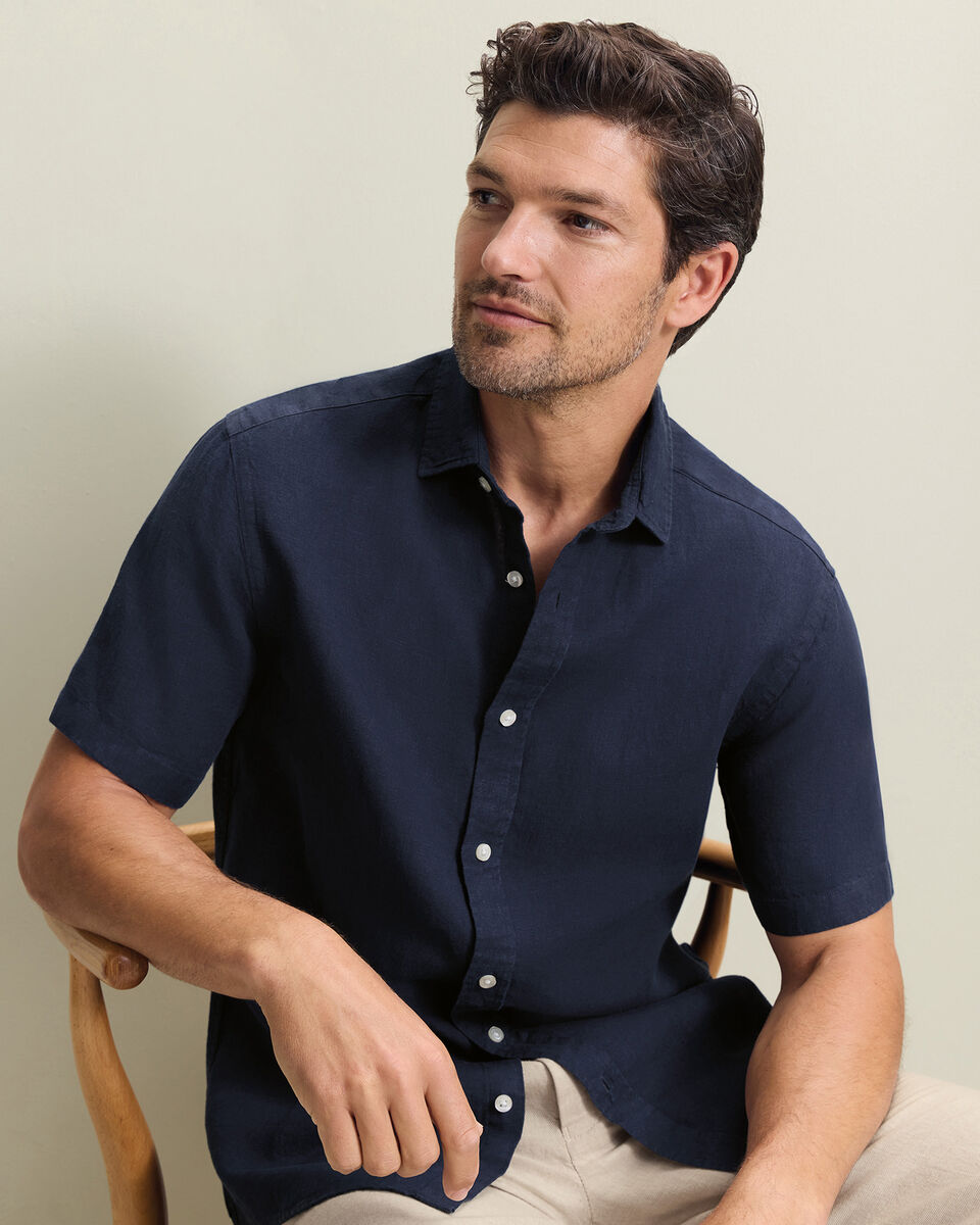 Short Sleeve Pure Linen Shirt - Navy