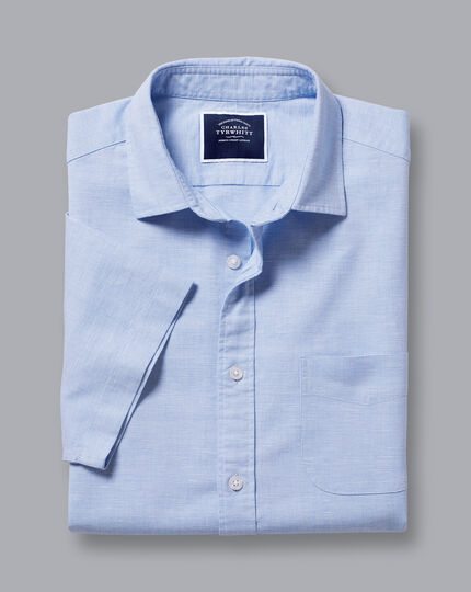 Cotton Linen Oxford Short Sleeve Shirt - Cornflower Blue