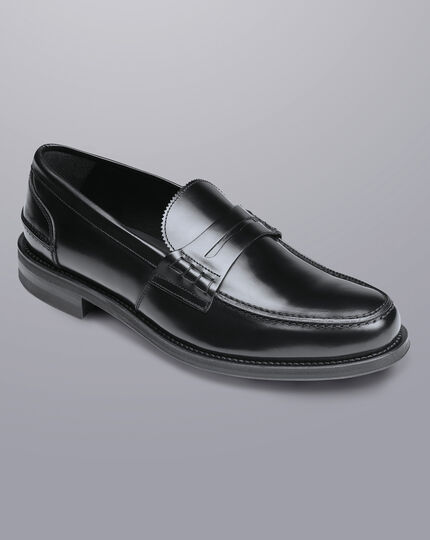 High Shine Leather Penny Loafers - Black