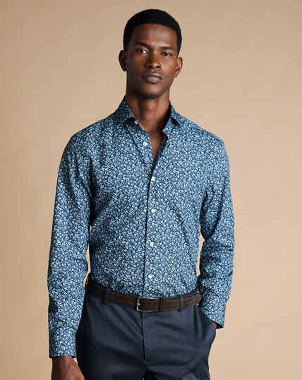 Made with Liberty Fabric Semi-Spread Collar Floral Print Shirt - Steel Blue
