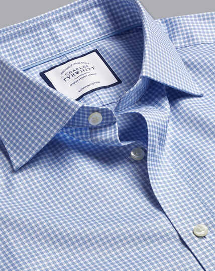 Semi-Cutaway Collar Egyptian Cotton Twill Gingham Check Shirt - Ocean Blue