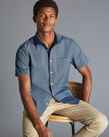 Cotton Linen Oxford Short Sleeve Shirt - Petrol Blue