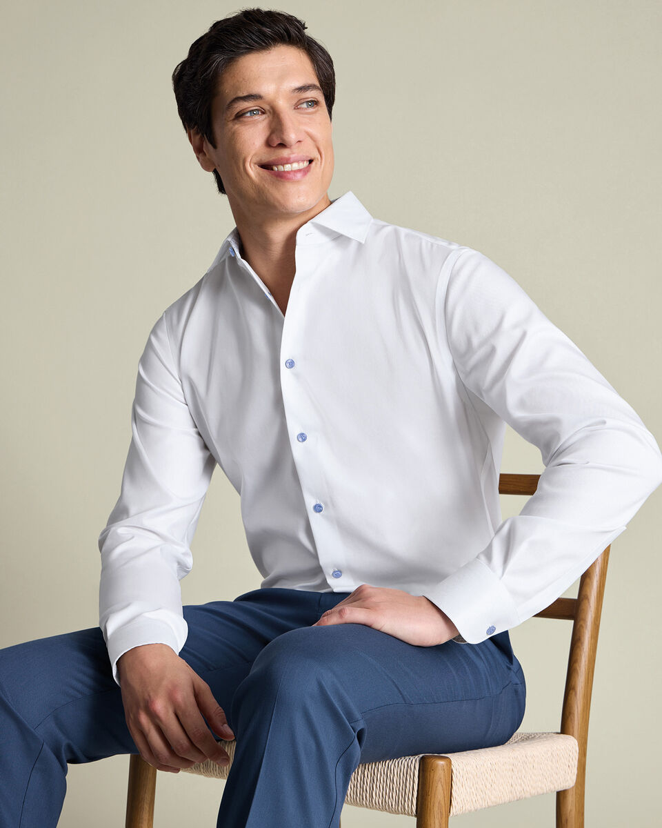 Non-Iron Stretch Printed Trim Shirt - White & Light Blue